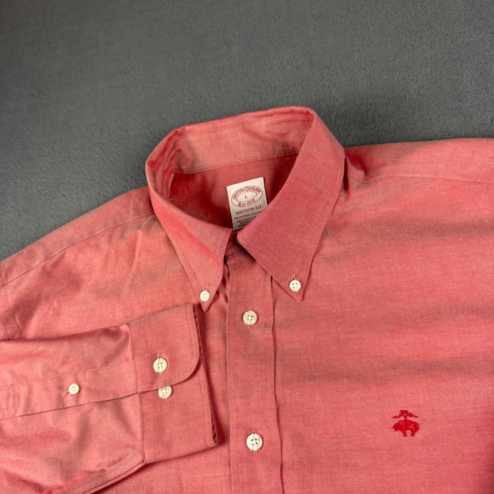 Brooks Brothers Shirt Men's L Red Madison Fit Non-Iron Supima OCBD Dress Logo